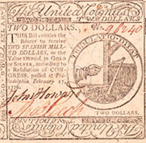 Continental currency worth two dollars from the United Colonies, printed by Hall and Sellers in 1776.